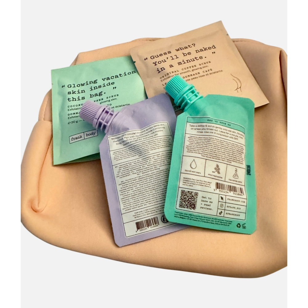 New Frank body Exfoliant & Scrubs Travel Size Pouches (4), with travel bag - Picture 3 of 4